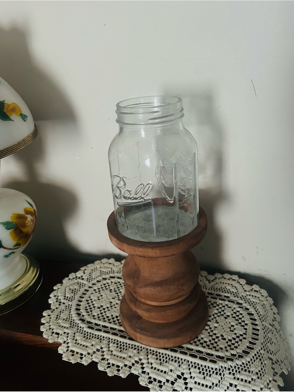 Home candle At Home Clear Glass Jar on Brown Wood Pedestal 12 inch tall